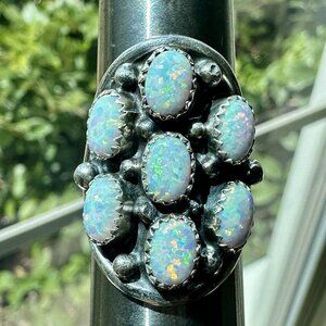 Navajo Rita Dawes Sterling Silver Ring‎ Size 7.75 Sturdy Saddleback Opal 8.4g